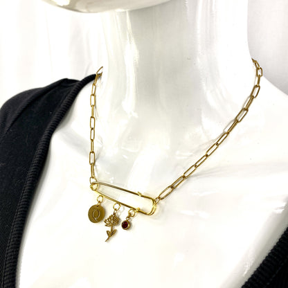 Gold Birthstone, Birth Flower & Initial Letter Safety Pin on Paperclip Necklace MADE IN CANADA