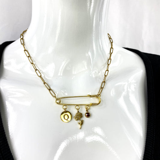 Silver Birthstone, Birth Flower & Initial Letter Safety Pin on Paperclip Necklace