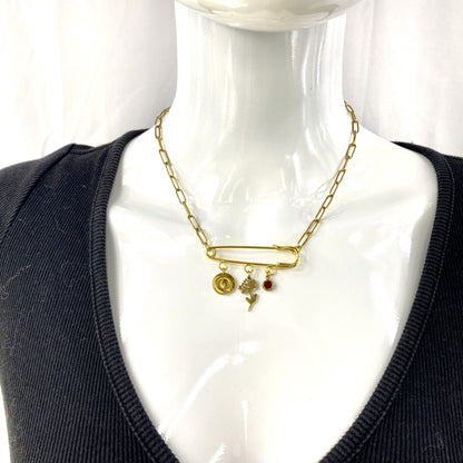 Gold Birthstone, Birth Flower & Initial Letter Safety Pin on Paperclip Necklace MADE IN CANADA