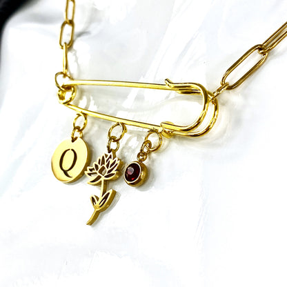 Gold Birthstone, Birth Flower & Initial Letter Safety Pin on Paperclip Necklace MADE IN CANADA