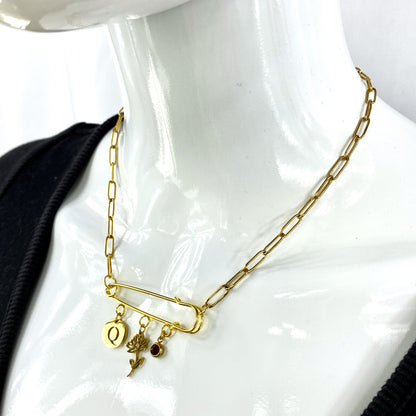 Gold Birthstone, Birth Flower & Initial Letter Safety Pin on Paperclip Necklace MADE IN CANADA