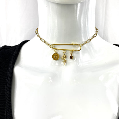 Gold Birthstone, Birth Flower & Initial Letter Safety Pin on Paperclip Necklace MADE IN CANADA