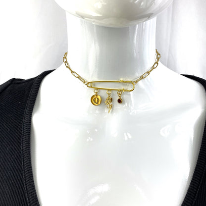 Gold Birthstone, Birth Flower & Initial Letter Safety Pin on Paperclip Necklace MADE IN CANADA