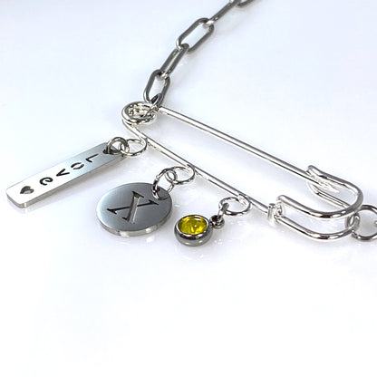 Birthstone, Birth Flower & Initial Letter Safety Pin on Paperclip Necklace - MADE IN CANADA