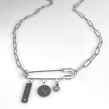 Birthstone, Birth Flower & Initial Letter Safety Pin on Paperclip Necklace - MADE IN CANADA