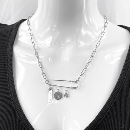 Birthstone, Birth Flower & Initial Letter Safety Pin on Paperclip Necklace - MADE IN CANADA