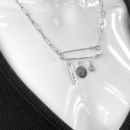 Birthstone, Birth Flower & Initial Letter Safety Pin on Paperclip Necklace - MADE IN CANADA