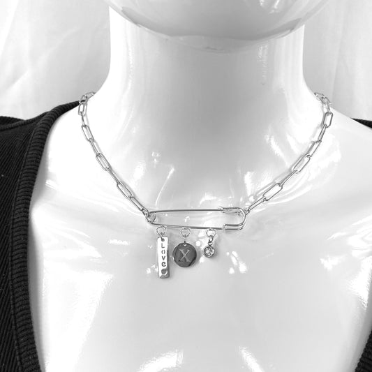 Birthstone, Birth Flower & Initial Letter Safety Pin on Paperclip Necklace