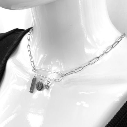 Birthstone, Birth Flower & Initial Letter Safety Pin on Paperclip Necklace - MADE IN CANADA