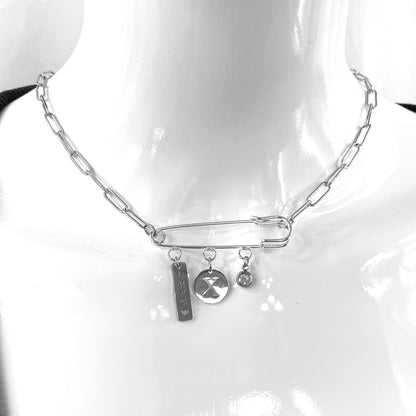 Birthstone, Birth Flower & Initial Letter Safety Pin on Paperclip Necklace - MADE IN CANADA