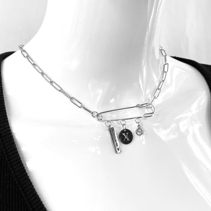 Birthstone, Birth Flower & Initial Letter Safety Pin on Paperclip Necklace - MADE IN CANADA