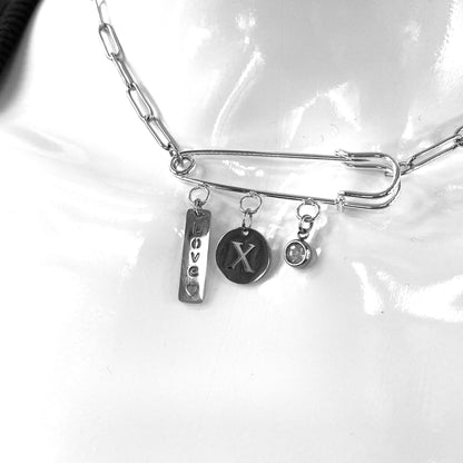 Birthstone, Birth Flower & Initial Letter Safety Pin on Paperclip Necklace - MADE IN CANADA