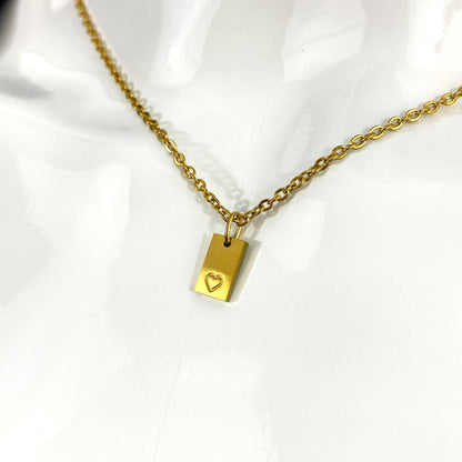 Tiny Rectangle Heart Stamp Cable Chain Necklace - MADE IN CANADA