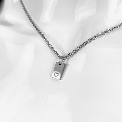 Tiny Rectangle Heart Stamp Cable Chain Necklace - MADE IN CANADA